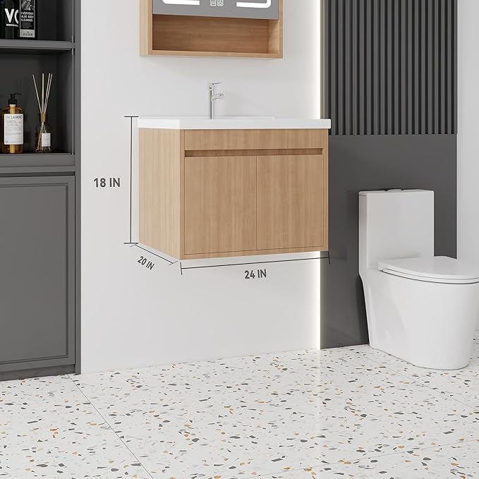24'' Bathroom Vanity with Ceramic Sink Combo, Wall Mounted Small Bathroom Vanity with Soft-Close Door Modern Floating Cabinet, Pop-up Drain, P-Trap Included, Walnut(No Faucet)