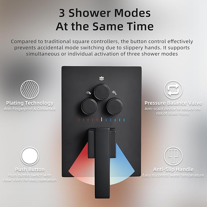 Dasan Matte Black Dual Shower Heads System with Ceiling 12-Inch Rainfall Shower & Wall Mount 6-Inch High Pressure Shower Head, Full Body Dual Shower Set with Handheld Sprayer, 3-Function Shower Faucet