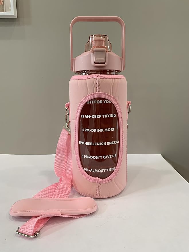Motivational Water Bottle, Insulated Storage Sleeve, Carrying Strap, Pop Up Straw Pink