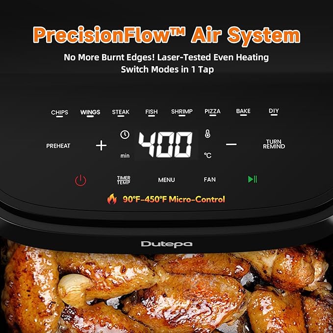 Air Fryer 8-in-1, 4.5Qt Air Fryer with DC Motor, Space-Saving & Compact, Fast & Crispy Cooking, Adjustable Fan Speed, 95% Less Oil for Healthy Family Meals, Dishwasher‑Safe