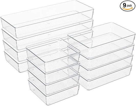 Clear Plastic Drawer Organizer Set for Kitchen, Bathroom, Office, Cosmetics & Tools - Multifunctional Storage Trays with Adjustable Dividers, Space-Saving Transparent Design (Clear, 12 Pcs)