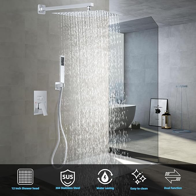 Bathroom Shower Faucet Set，12 Inch Rain Shower Head with Handheld Spray，Brass Shower Valve Trim Kit，Wall Mounted Square Rain Shower System (Chrome)