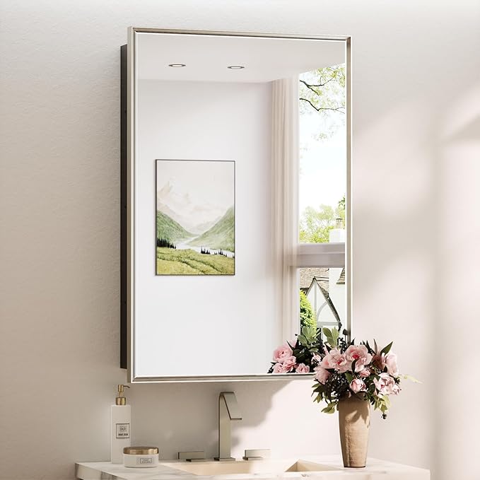 TokeShimi 24x36 Recessed Medicine Cabinet with Mirror Surface Mount, Brushed Nickel Bathroom Mirrored Medicine Cabinet, Bathroom Mirror with Storage Adjustable, Aluminum Framed