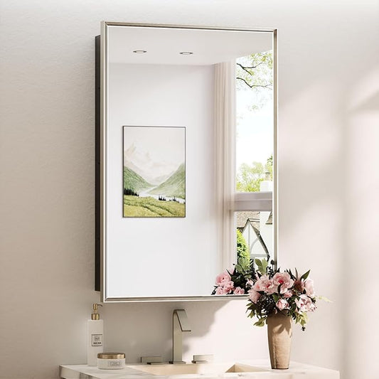 TokeShimi 24x36 Recessed Medicine Cabinet with Mirror Surface Mount, Brushed Nickel Bathroom Mirrored Medicine Cabinet, Bathroom Mirror with Storage Adjustable, Aluminum Framed