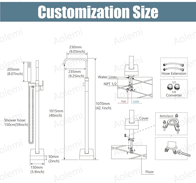 Aolemi Brushed Nickel Freestanding Bathtub Faucet Tub Filler Floor Mount Single Handle Brass Tap with Hand Shower