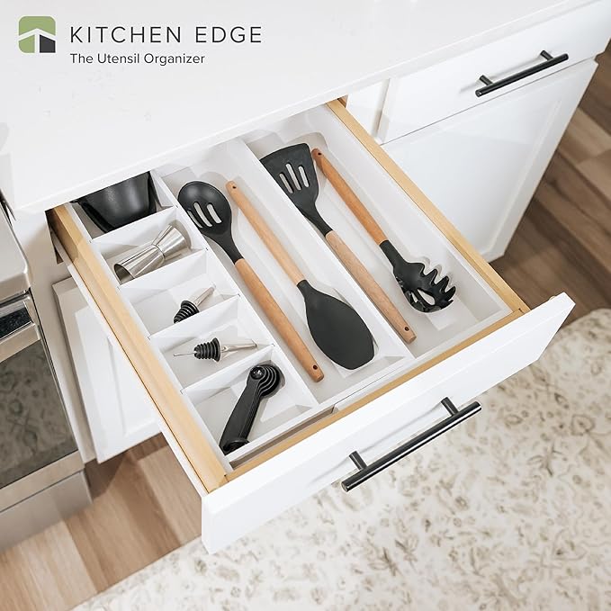 KitchenEdge Adjustable Kitchen Drawer Organizer for Utensils and Junk, Food-Safe Contract Grade with 100% Sustainable Wood, Expandable from 10.5 to 19 Inches Wide - White Bamboo