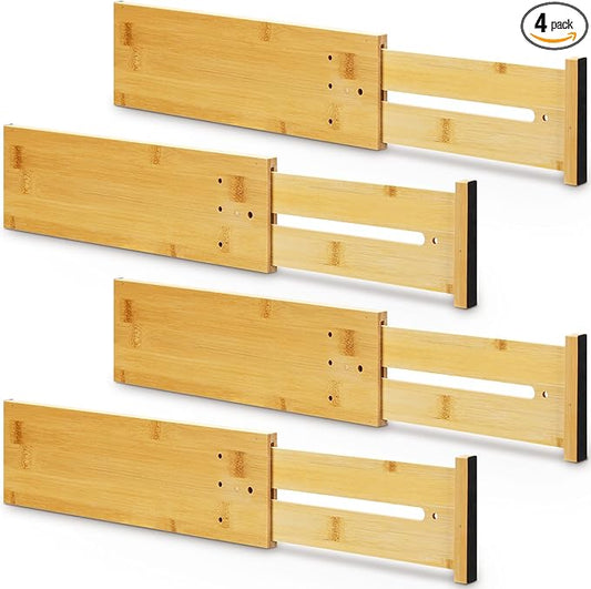 4 Pcs Deep Drawer Dividers for Clothes Adjustable 5" High Expandable from 15"-22" Bamboo Drawer Wooden Separators Spring Loaded for Dresser Baby Clothes Kitchen Office Storage
