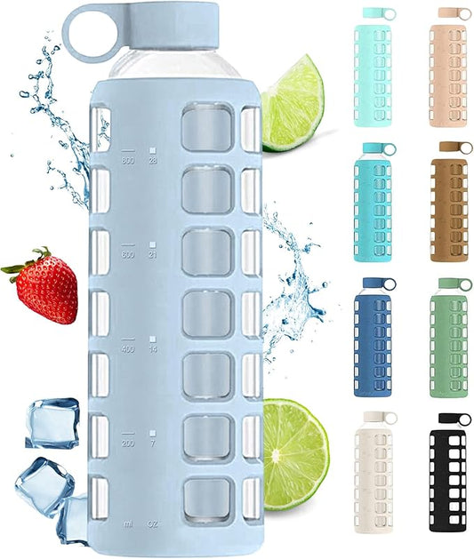 purifyou Premium 40/32 / 22/12 oz Glass Water Bottles with Volume & Times to Drink, Silicone Sleeve & Stainless Steel Lid Insert, Reusable Bottle for Fridge Water, Milk, Juice (32oz Ice Blue)