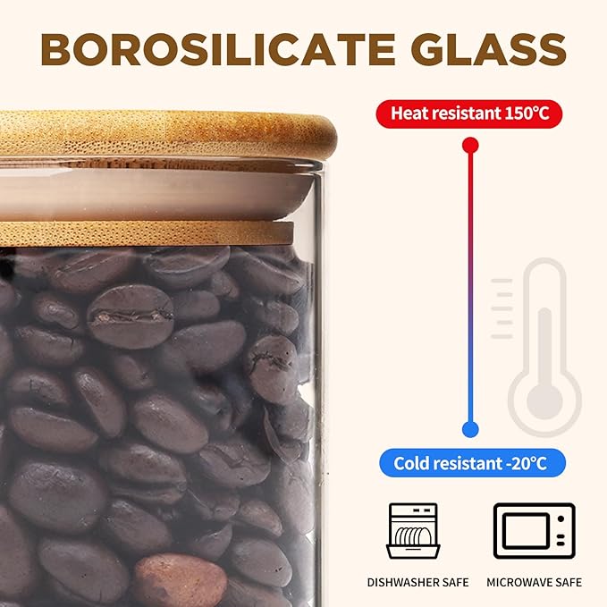 Glass Food Storage Jars, Glass Jars with Bamboo Lids, Kitchen Storage Jars, Canisters with Airtight Lids for Spice, Coffee, Cookie, Set of 7, Pantry Organizers