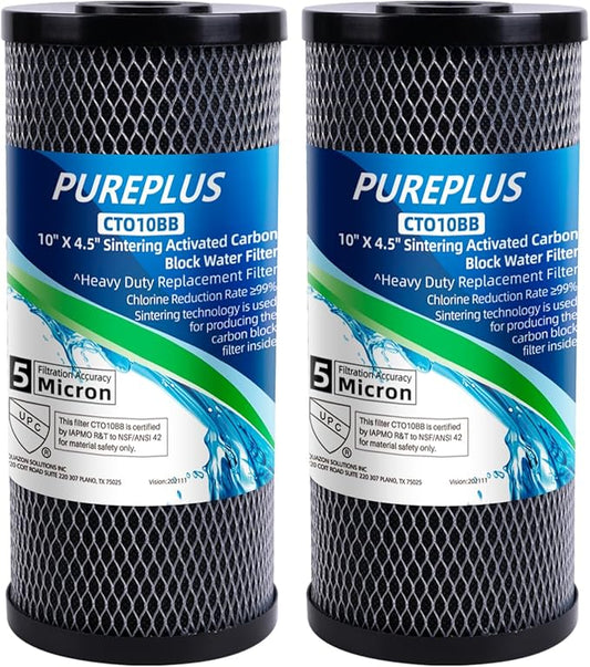 PUREPLUS 5 Micron 10" x 4.5" Whole House Coconut Shell Activated Carbon Water Filter Replacement Cartridge for Dupont WFHDC8001, CB-BB-10, GE FXHTC, GXWH40L, GXWH35F, GNWH38S, CTO10BB, 2PACK