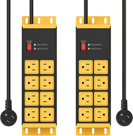 HHSOET 2 Pack Heavy Duty Power Strip 8 Outlets, Metal Wall Mount Outlet Strip 4800J Surge Protector, Garage Shop Under Desk Mountable 6FT Extension Cord Plug, ETL Listed