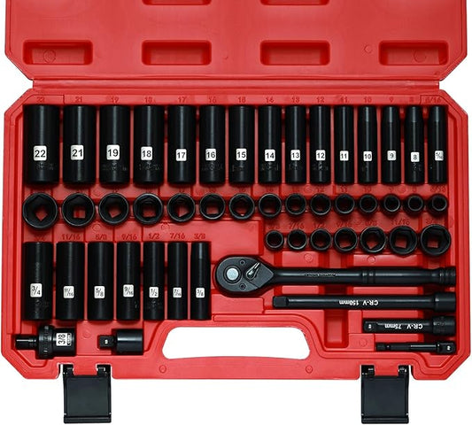 Mayouko 3/8” Drive Impact Socket Set, 50-Piece Standard SAE(5/16”-3/4”) and Metric Size(8-22mm), Deep & Shallow, 6 Point, CR-V, 72-Tooth Ratchet Wrench Handle, Extension Bars, Universal Joint