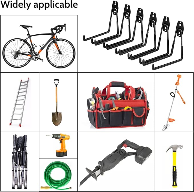 WMK 7.3'' Heavy Duty Garage Hooks, 6 Pack Wall Mount Garage Storage Hooks for Hanging Bike, Ladder, Tools - 100LB Load Capacity, Triple-Welded, PVC Coated (Black)
