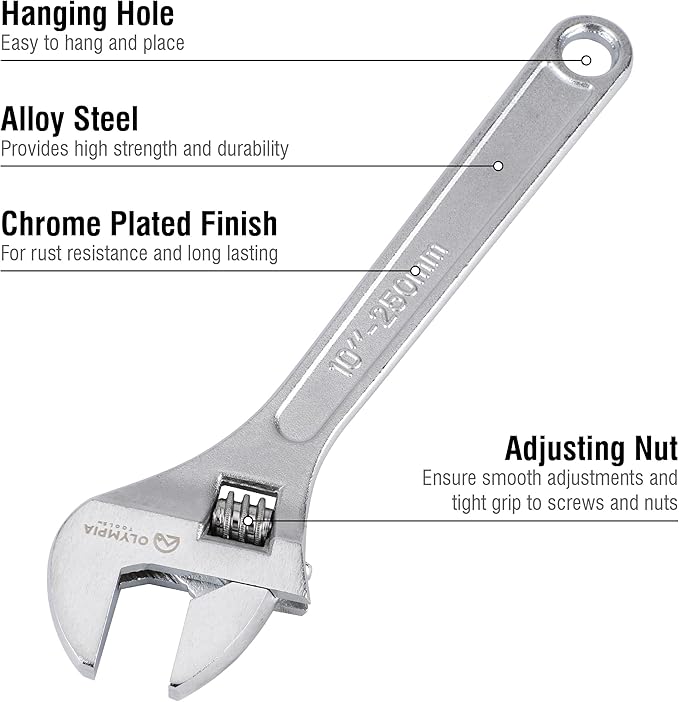 Olympia Tools 10" Adjustable Wrench, Heavy Duty Drop Forged Steel, Chrome Plated, Precision Machined Jaws, Rust Resistant