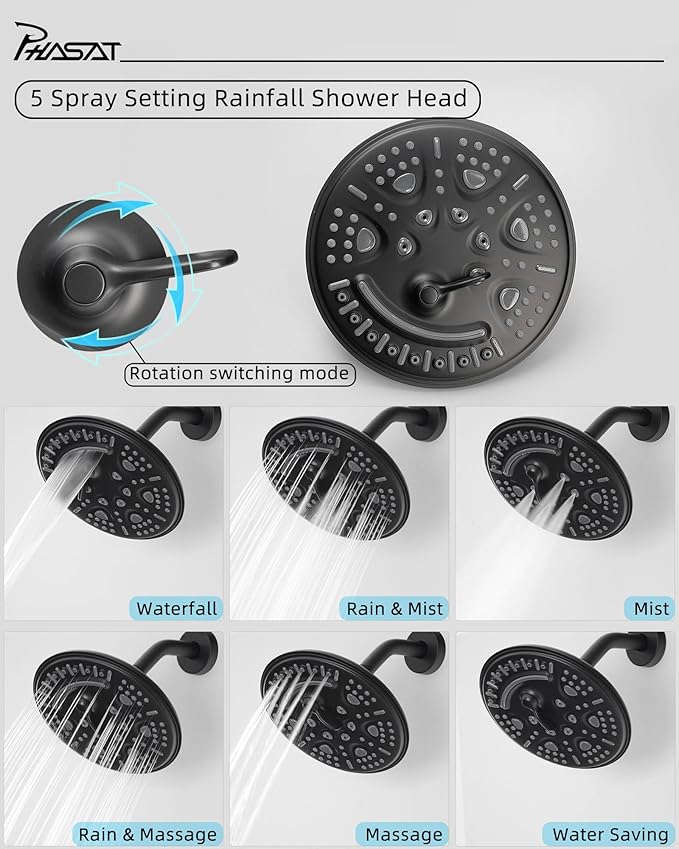 PHASAT 2 Handle Shower Faucet With Handheld Shower Head,Dual 2 in 1 Showerhead Kit,Shower Head & Handheld Spray Shower Combo Set,Tub and Shower Trim Kit With Rough-in Valve,Matte Black,PU4H08