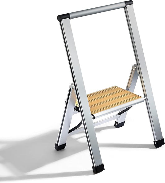 Step Ladder 1 Step Folding, Decorative - Beautiful Bamboo & Silver Aluminum, Ultra Slim Profile, Anti Slip Steps, Sturdy-Portable for Home, Office, Kitchen, Photography Use,by SORFEY