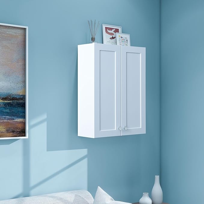 White Wall Mount Cabinet, MDF Over The Toilet Storage Cabinet with Adjustable Shelves, Space Saver 2 Door Medicine Cabinet for Bathroom Laundry Kitchen, 19x 27in, No Paint Odor