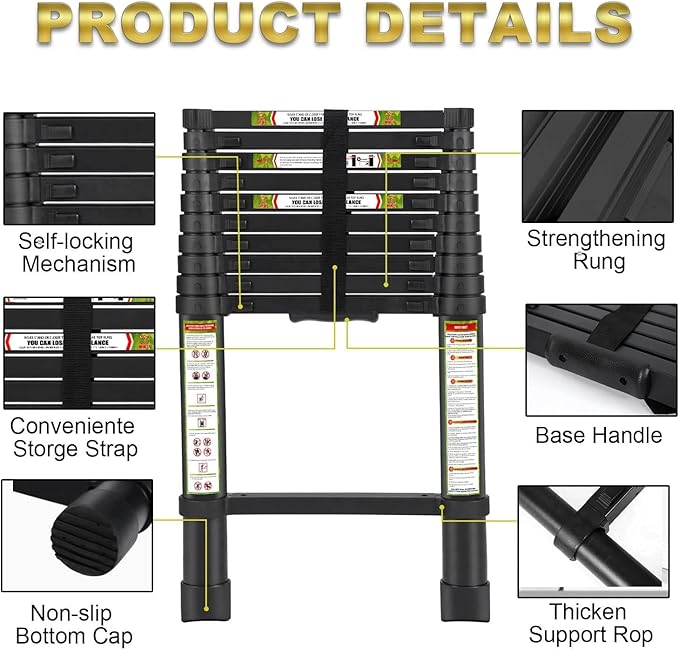 RIKADE Telescoping Ladder 16.5FT & Attic Ladder, Heavy Duty Aluminum with Non-Slip Feet, 330lb Capacity for RV, Attic, Roof & Multi-Surface Use