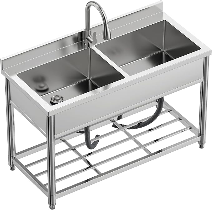 2-Compartment Commercial Sink, Stainless Steel Utility Sink with Pull-out Faucet, Free Standing Double Bowl Kitchen Sink for Restaurant, Garage, Shop, Cafe, Outoor, 21.7"D x 47.2"W x 37"H