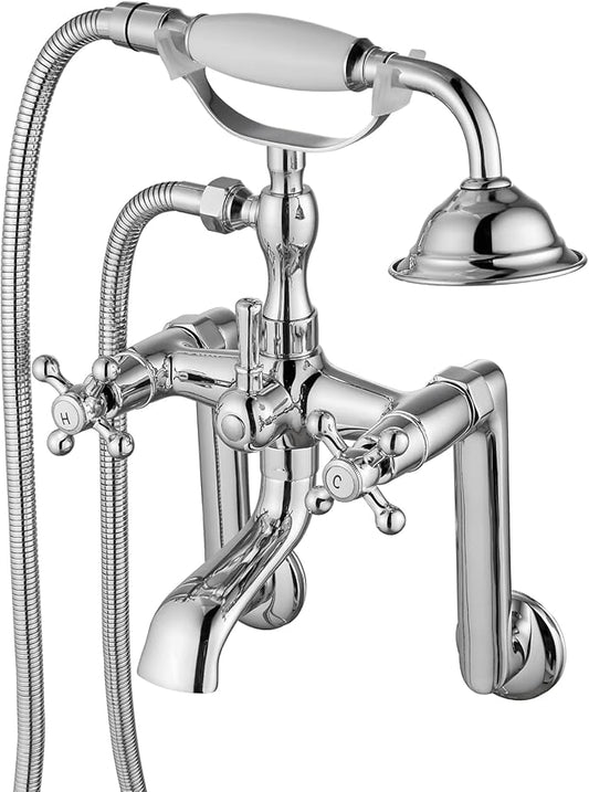 gotonovo Clawfoot Bathtub Faucet Tub Filler with Hand Held Shower Faucet Set Victorian Double Cross Handle 6 Inch Center Adjustable Swing Arms Tub Mount Long Adapter Polished Chrome