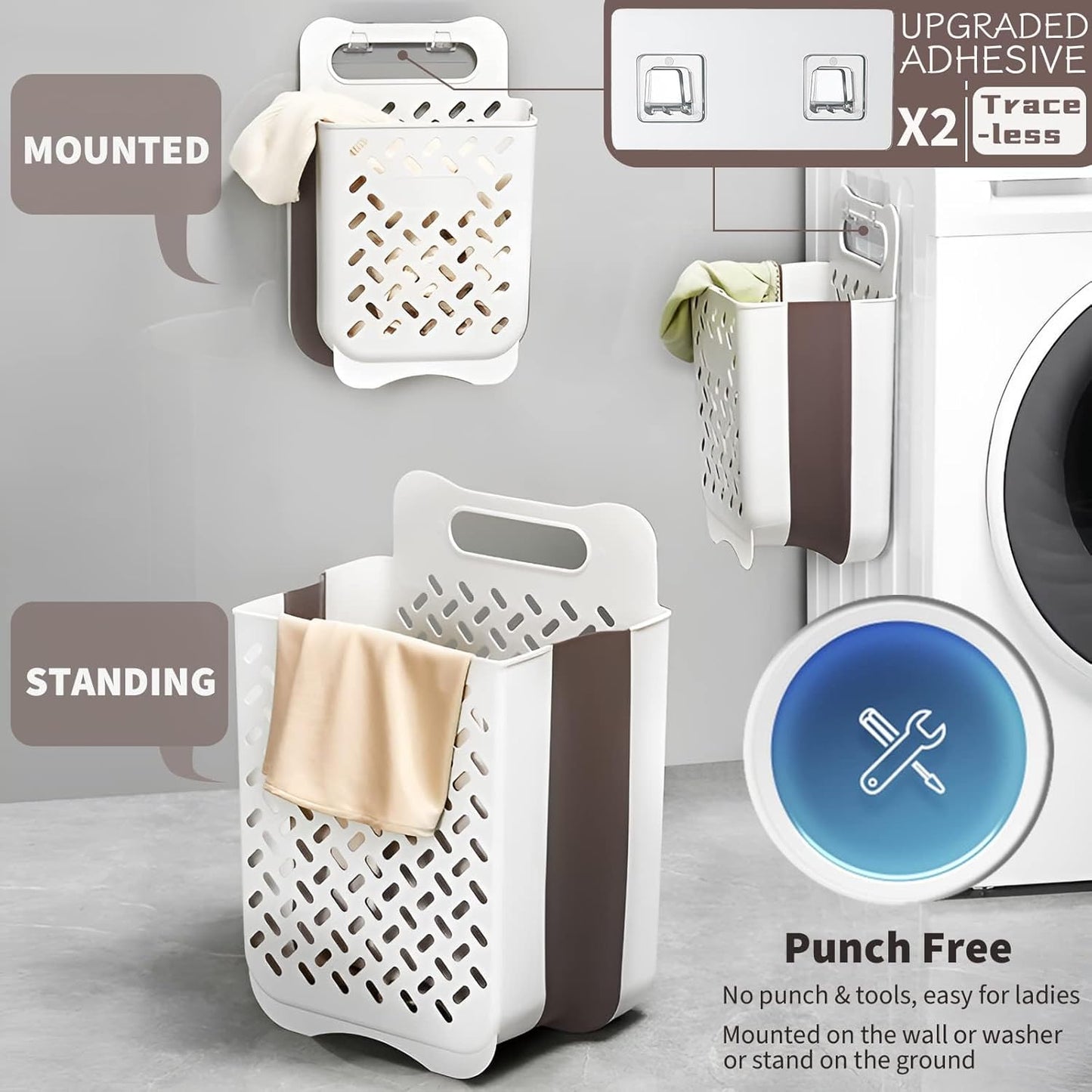 Plastic Collapsible Hanging Laundry Baskets with Carry Handle, Space-Saving Wall Hanging Laundry Basket Durable Tall Folding Plastic Laundry Hamper Waterproof Dirty Clothes Organizer XL+L