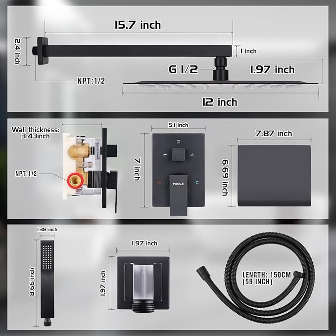 12 Inch Rainfall Shower System with Tub Spout Wall Mounted Complete Combo with Solid Brass Pressure Balancing Valve, High Pressure Shower Head, Handle Set & Installation Accessories Matte Black