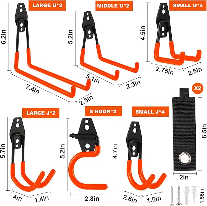 Garage Hook Heavy Duty Wall Storage Hangers, 18 Pack Garage Storage Hooks Steel Tool Organizer Orange for Ladders, Ropes, Garden Tools
