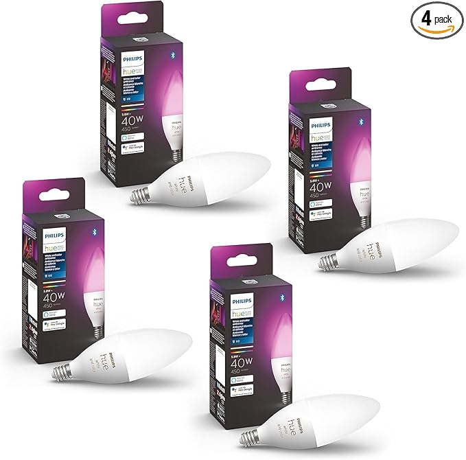 Philips Hue Smart 40W B39 Candle-Shaped LED Bulb - White and Color Ambiance Color-Changing Light - 4 Pack - 450LM - E12 - Control with Hue App - Works with Alexa, Google Assistant and Apple Homekit