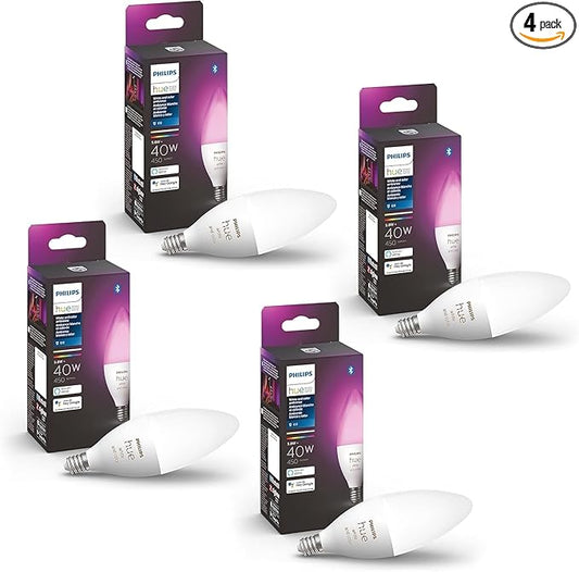 Philips Hue Smart 40W B39 Candle-Shaped LED Bulb - White and Color Ambiance Color-Changing Light - 4 Pack - 450LM - E12 - Control with Hue App - Works with Alexa, Google Assistant and Apple Homekit