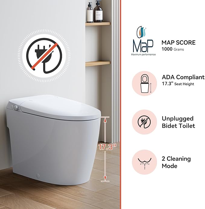 HOROW Non-electric Bidet toilet with Dual Bidet Nozzles Cleanse, Smart Toilet Built-in Pump for Power Flush,Map Flush 1000 Grams, ADA Chair Height Toilets with Footkick Flush