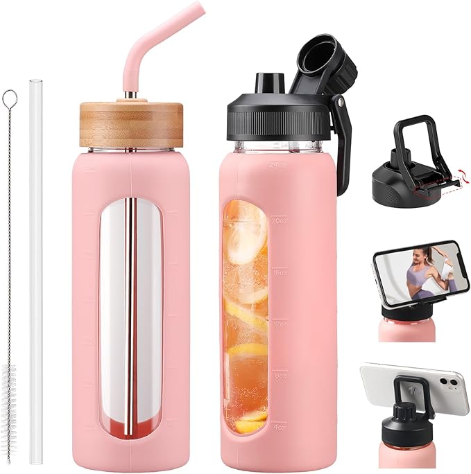Glass Water Bottles with Straw -24oz- Water Bottle Phone Holder for Gym Sports Water Bottles with Silicone Sleeve Glass Drinking Bottles 2 Lids - Spout & Bamboo Straw Lid(Pink)