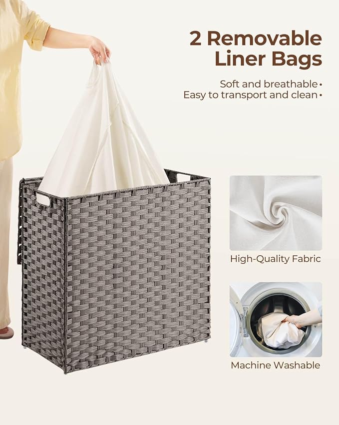 Greenstell Laundry Hamper with lid, No Install Needed, 130L Wicker Laundry Baskets Foldable 2 Removable Liner Bags, 2 Section Clothes Hamper Handwoven Rattan Laundry Basket with Handles, Gray