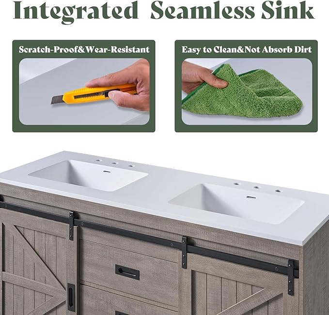 60" Farmhouse Bathroom Double Vanity Sliding Barn Door with Sink Combo, Bathroom Vanity Cabinet with Drawers & Metal Handles, Freestanding, Gray