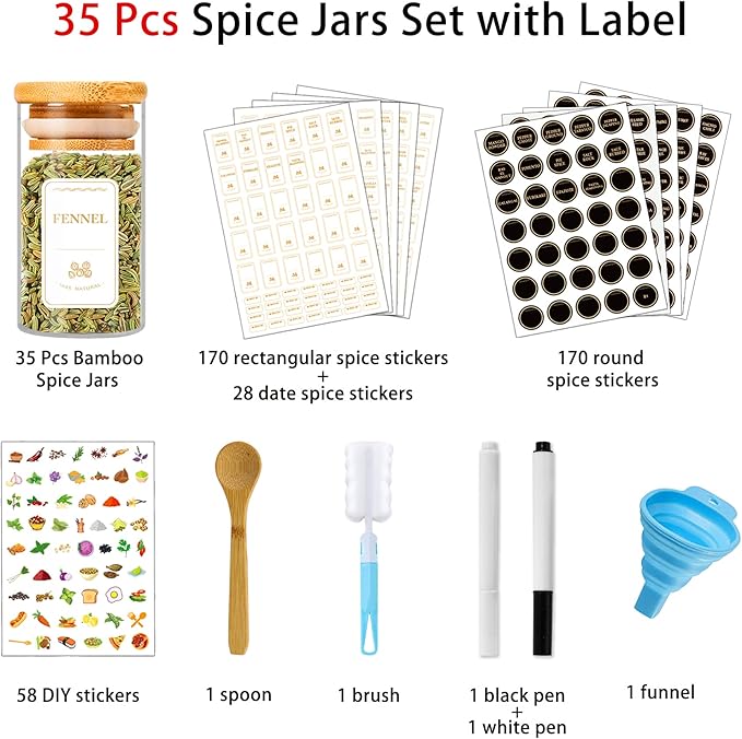 Spice Jars with Labels, 35 Pcs 4 oz Glass Spice Jars with Bamboo Lids, Minimalist Stackable Airtight Spice Containers with 426 labels for Home Kitchen, Pantry, Spice Cabinet, Drawer, Rack
