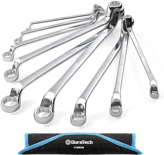DURATECH Offset Box Wrench Set, Metric, 9-Piece, 6-23mm, 75-Degree, CR-V Steel, Organized in Rolling Pouch