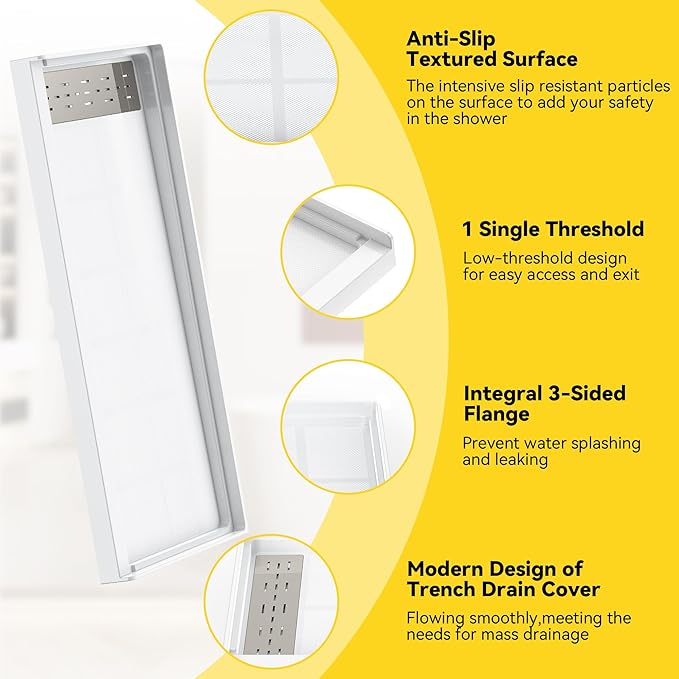 Sunrosa Shower Base 60"×32"×4", Single Threshold Shower Bases with Left Drain, Rectangle Solid Surface White Shower Pan, Slip Resistant Textured Surface, Include Stainless Steel Chrome Cover