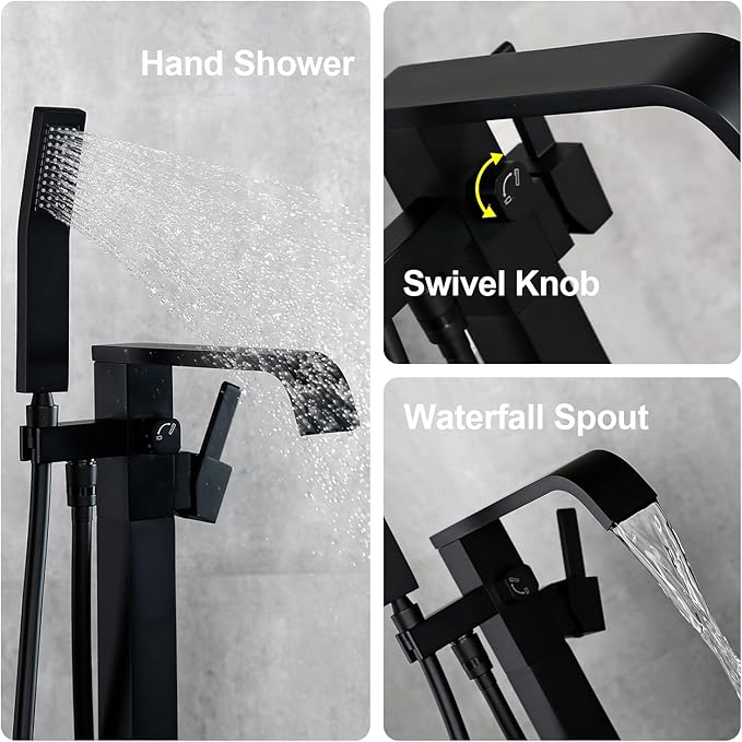 BAGNOLUX Solid Brass Floor Mount Bathtub Faucet Free Standing Tub Faucet Freestanding Tub Filler Matte Black High Flow Rate Swivel Spout with Hand Shower, ‎YGSLT-FANG-BLACK