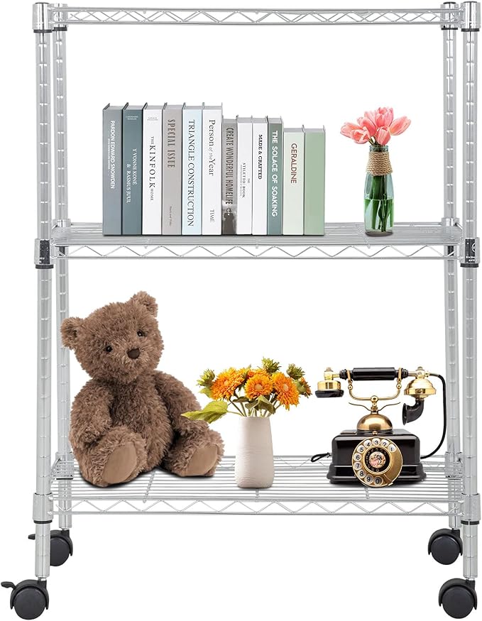 BestOffice | 3-Tier Wire Storage Shelves with Wheels | 23x13x31 | Chrome | Adjustable Racks | Heavy-Duty Metal Shelf, Holds Upto 170 lbs | No-Tool Assembly | Ideal for Home & Garage Shelving