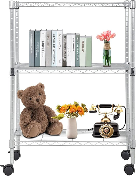 BestOffice | 3-Tier Wire Storage Shelves with Wheels | 23x13x31 | Chrome | Adjustable Racks | Heavy-Duty Metal Shelf, Holds Upto 170 lbs | No-Tool Assembly | Ideal for Home & Garage Shelving