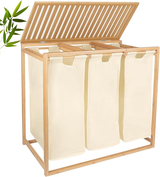 Bamboo Laundry Hamper 3 Section with Lid, 150 L Laundry Sorter with Pull-Out Removable Washable Bags, 3 × 12.5 Gal Divided Laundry Baskets for Laundry Room, Bathroom (Beige)