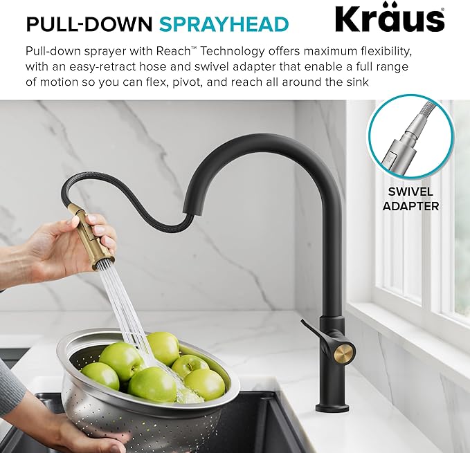 KRAUS Torak Pull Down Kitchen Faucet in Matte Black with 2 Function Sprayer, Pre-Attached Water Lines, and Mounting Hardware, KPF-2840MB