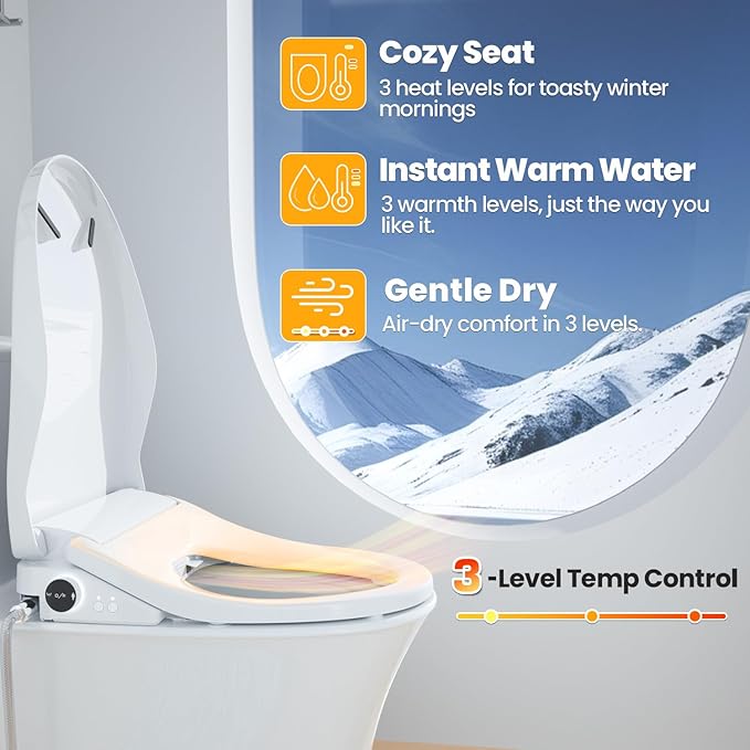 Tadashi Bidet Toilet Seat Elongated, Smart Heated Toilet Seat, Instant Warm Water & Dryer, Feminine & Rear Wash, Self-Clean Nozzle, Slow Close Lid, Child/ECO/Silent Mode