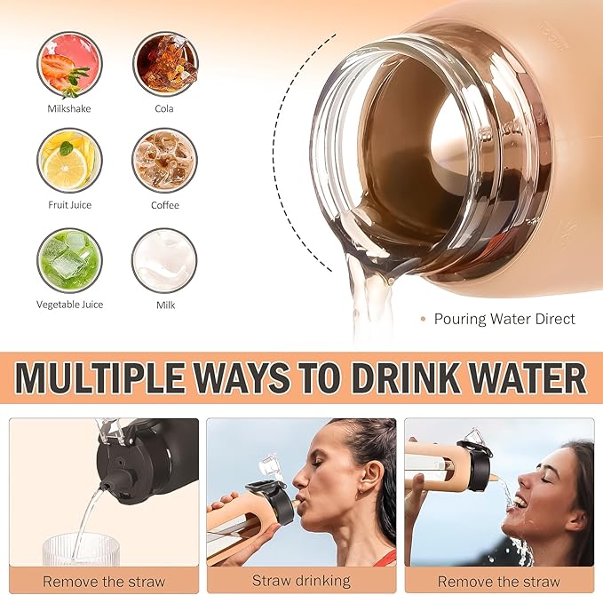 Kodrine Water Bottle With Straw and Carry Handle, Glass Water Bottle 24 oz Leak Proof Locking Lid with Soft Silicone Spout, Small Clear Water Bottle, Travel Sports Water Jug, Time Marker, Amber