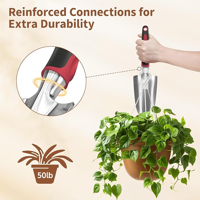 LASZOLA 3 Piece Garden Tool Set Include Hand Trowel Rake and Transplant Shovel for Women, Indoor Heavy Duty Small Spade Kit with Ergonomic Handle to Weed and Loosen, for Mom and Plant Beginner, Red