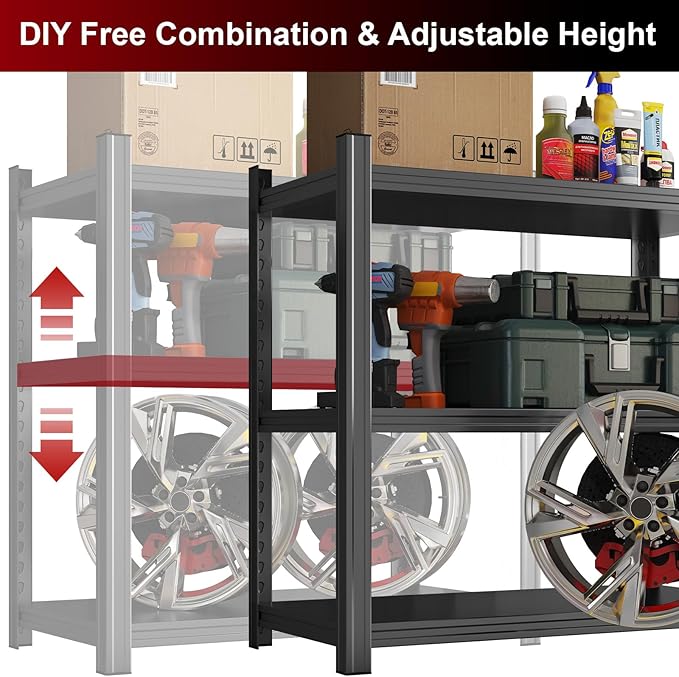 35" H Black Garage Shelving Unit, Garage Storage Shelves 1050LBS Heavy Duty Shelves, Adjustable 3 Tier Metal Shelving Utility Shelf for Home, Basement