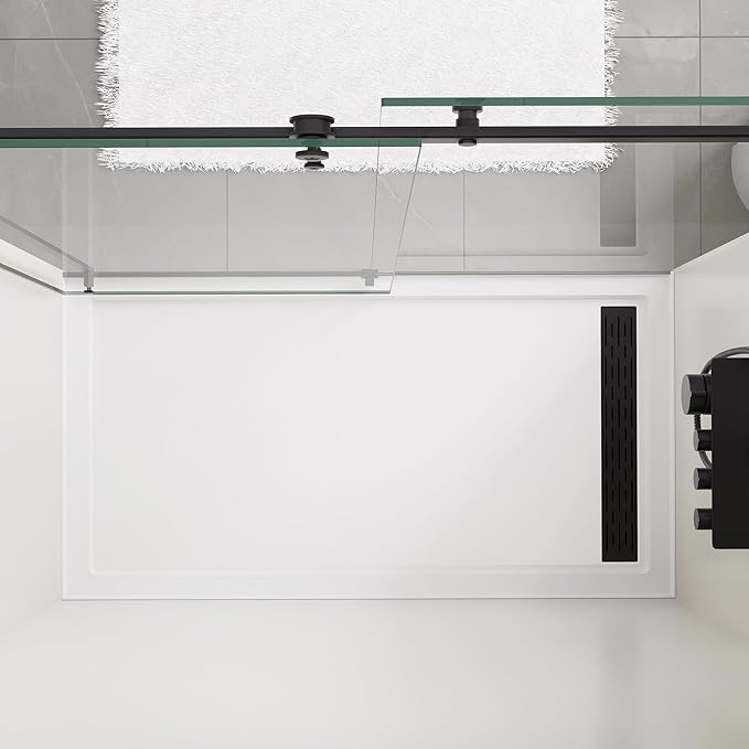 MORVANO 32 x 60 x 4 Shower Base with Single Threshold Rectangular Left Drain Location Shower Base in Glossy White, Acrylic Shower Pan with Black Stainess Steel Cover, Left Drain