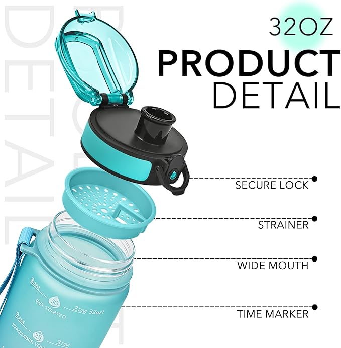 GOSWAG 32oz Motivational Water Bottles with Time Marker and Fruit Strainer, Sports Water Bottle with Times to Drink, Leakproof, Reusable Plastic Bottle with Strap no Straw for Gym, School