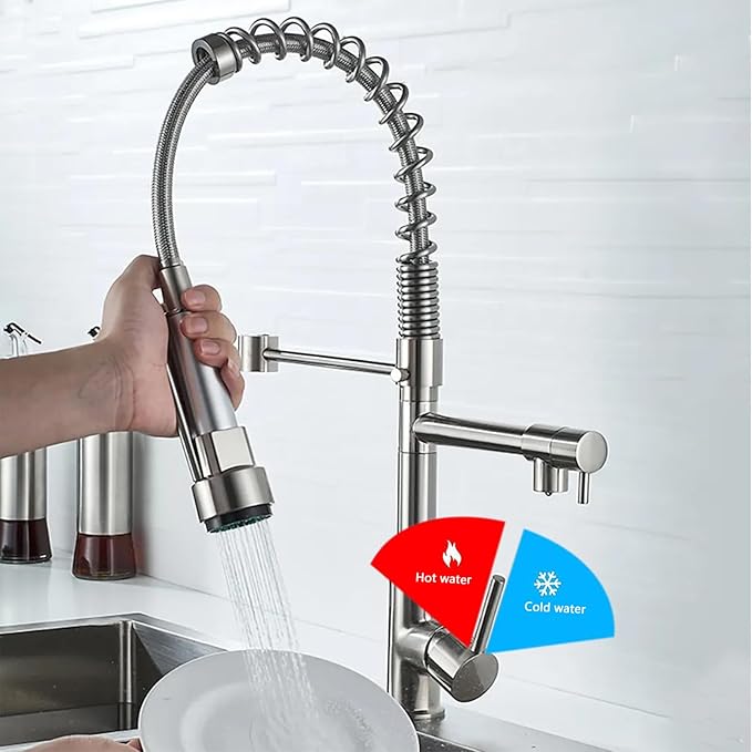 Commercial Kitchen Faucet with Pull Down Sprayer, Brushed Nickel Kitchen Sink Faucet with Pot Filler,Dual Spout Spring Stainless Steel Kitchen Faucets Pull-Out Kitchen Faucet for RV, Farmhouse, Camper