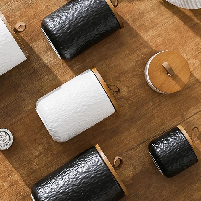 Kitchen Canisters for Countertop, Ceramic Coffee Canisters with Airtight Lids Food Storage Jars Sugar Container for Kitchen Counter Tea, Coffee Beans, Spice (#001Black-Set of 3)