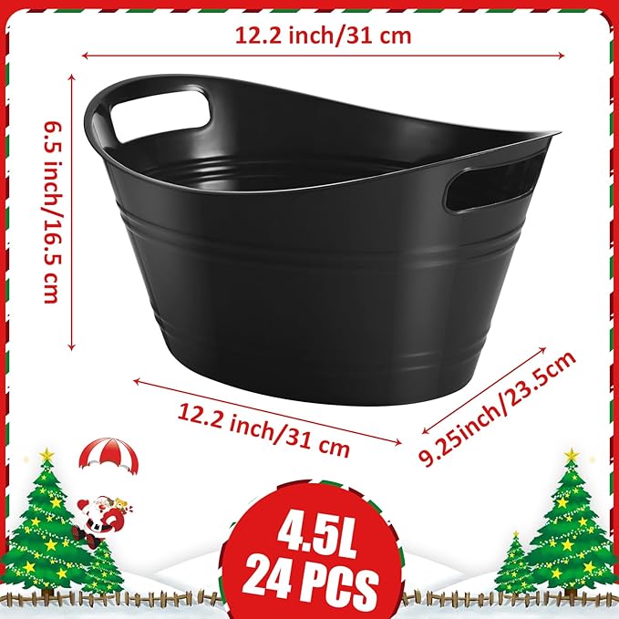 Norme 24 Pcs Oval Storage Tub with Handles, 4.5L Plastic Ice Bucket Wine Beer Champagne Bottle Drink Cooler Tub for Parties Beverage, Storage Basket (Black)